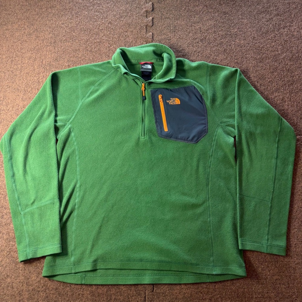 The North Face Mens Green Quarter Zip Fleece Pullover Chest Pocket Size Medium
